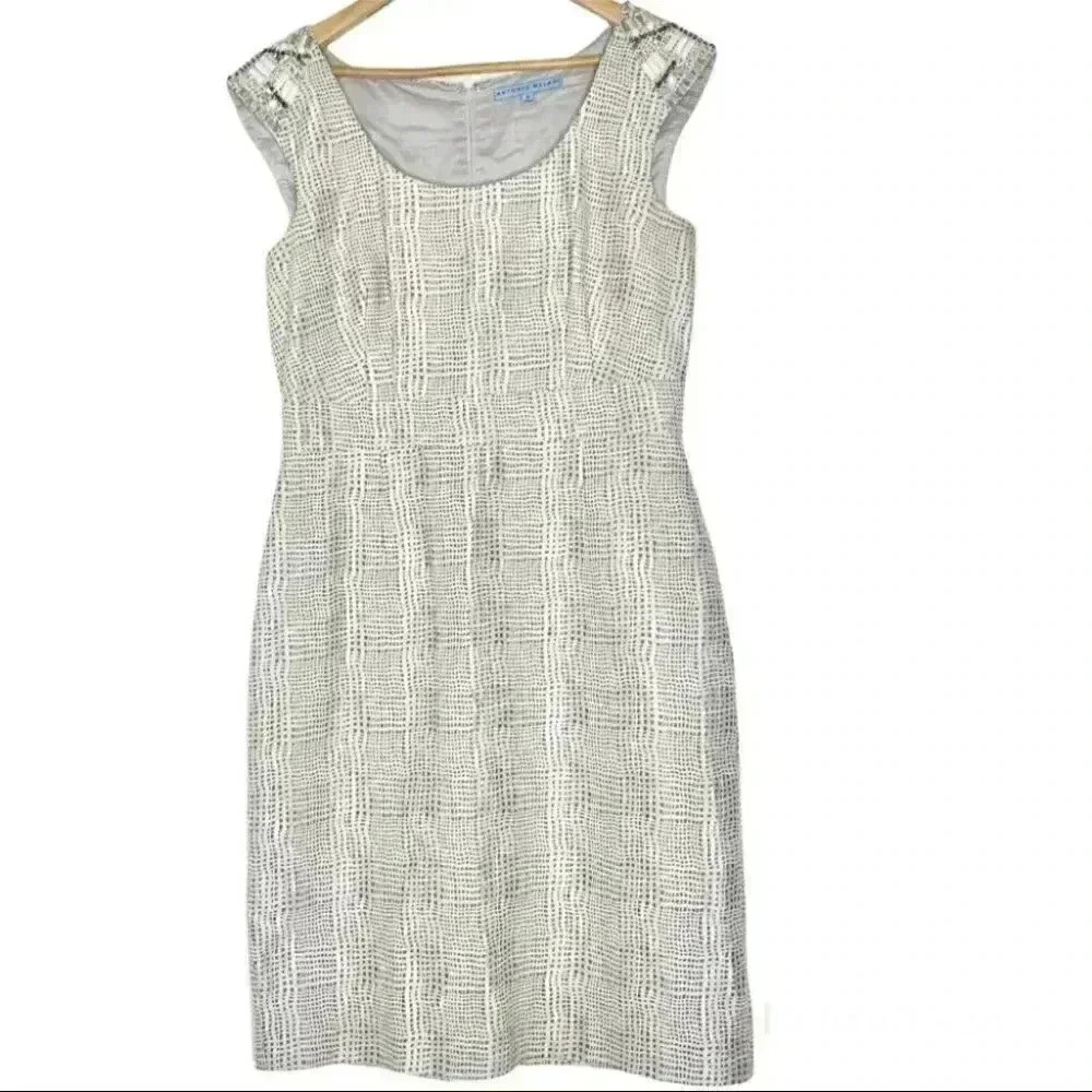 Antonio Melani gray white jacquard embellished cap sleeves sheath dress 8
